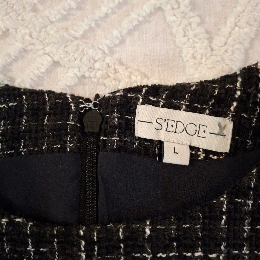 S'edge Womens Size Large Black White Tweed‎ Puff Sleeve Mini Dress NWT
